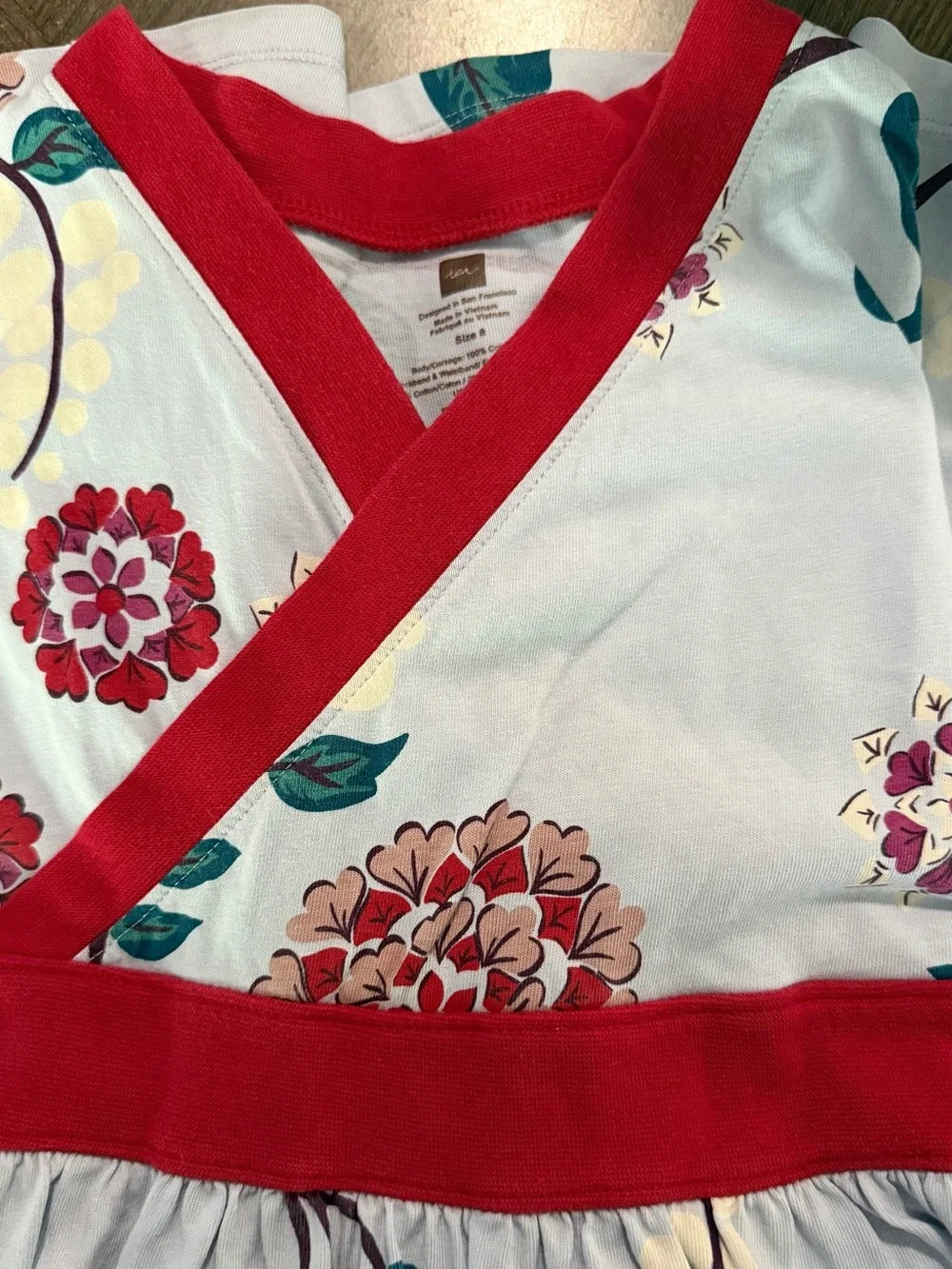 Tea Collection Light Blue Floral Wrap Dress with Red Trim